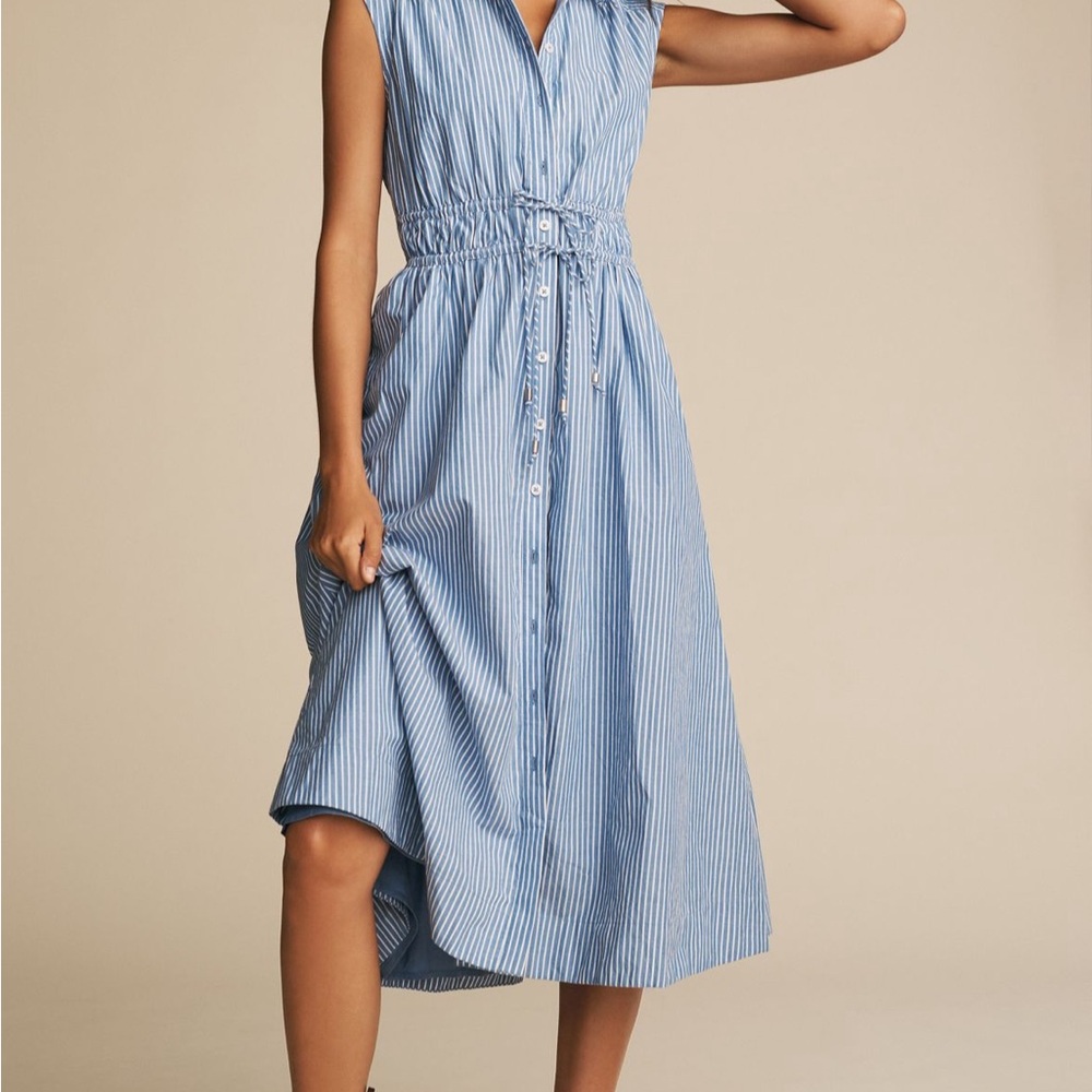 Blue and White Sleeveless Tie Front Sundress